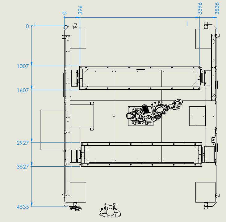 Layout dimensionado da célula Dual Turn, com 3.835 por 4.535 milímetros